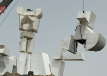 Manrique sculpture in repair after wind damage