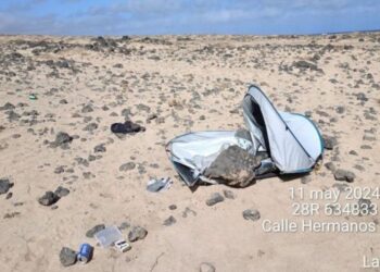 Tent left behind after camping in protected area in Lanzarote
